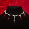 Romantic Gothic Blood Drop Crystal Bead Tassel Flower Cross Pendant Choker Necklace for Women Trendy Luxury Jewelry Party Gift