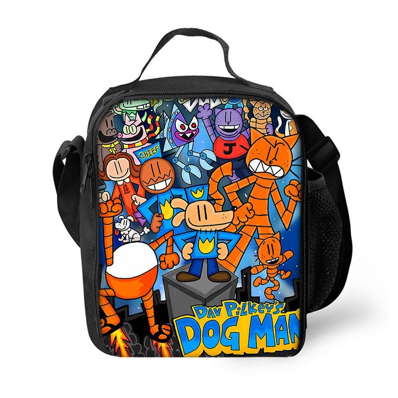 Dog Man Themed Lunch Bag Kids - PVC Insulated Crossbody Shoulder Street Style School Accessory