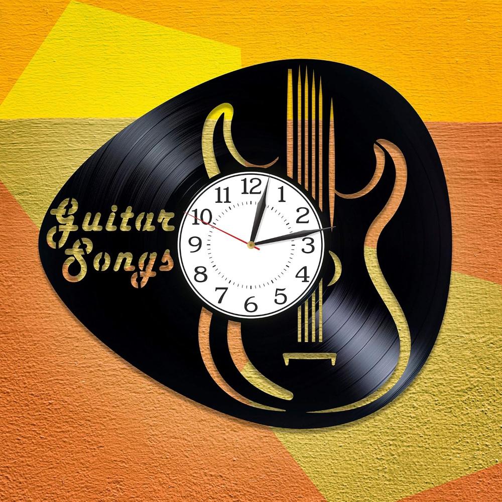Gitarre Lied Kreativ Schwarze Wanduhr 12 Zoll Gitarre Originelle Heimdekoration Rockgitarre Kunst Schallplatten-Wanduhr Geschenk