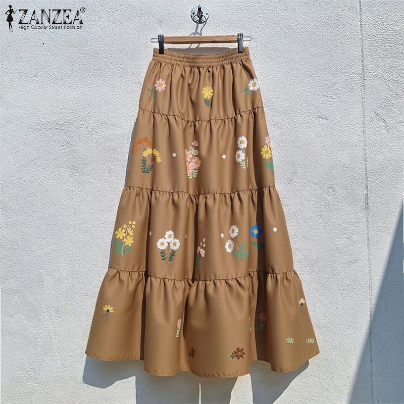 ZANZEA Fuste lungi cu imprimeu floral lejer cu talie elastică casual