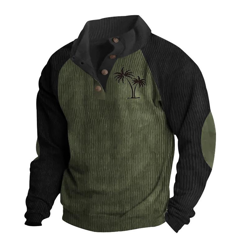 Men's Drop-Shoulder Sleeve Casual Printed Stand-Up Collar Loose-Fit Corduroy Patchwork Sports Sweatshirt