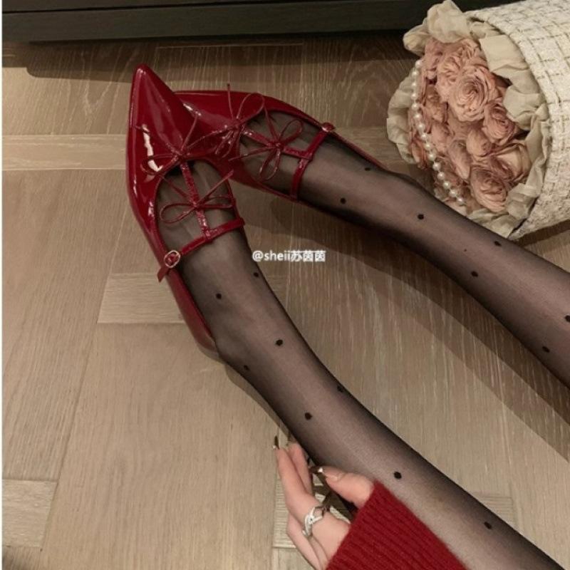 Shoes Pointed Bow Shallow Mouth Flat Bottom Mary Jane Single Shoes Women's Banquet Shoes Spring
