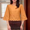 ZANZEA Kvinner Casual Rund Hals 3/4 Erme Løs Broderi Bluse