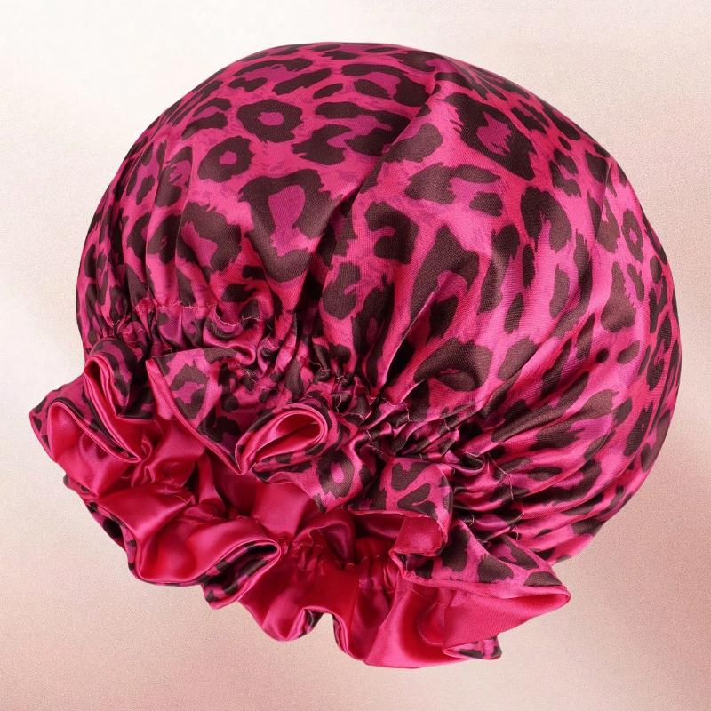 1PC Hair Bonnet Printed Leopard Double Layer Satin Splicing Hair Bonnet For Sleeping For Curly And Straight Hair