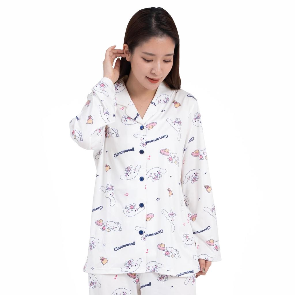 SAZAC Cinnamoroll Shirt Puder Langarm und Hose MUSIK Cinnamoroll Pyjama, Stretch, Damen, Set, Loungewear, (Weiß/L/SAN1788)