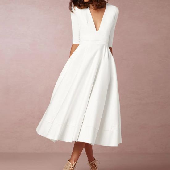 Dame Midi-kjole Dyp V-hals A-linje Flowy Hem Ensfarget halve ermer Ren farge Datingkjole Prom Party Bankett Aftenkjole