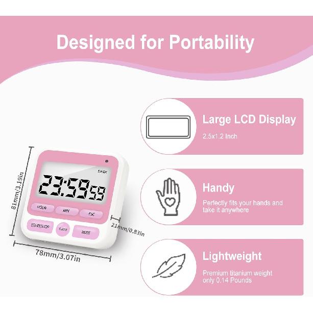 Multifunctional Kitchen Timer with Silent/Alert Mode, 24-Hour Clock, Memory Recall, Fast-Forward, and Magnetic Back for Cooking, Baking, Teaching