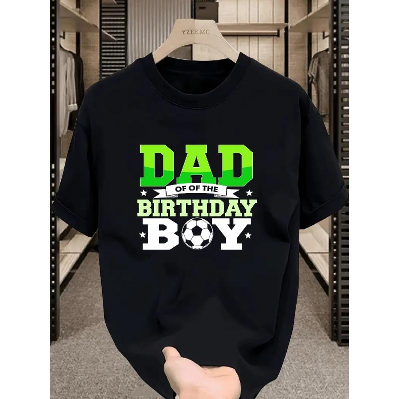 

Round Neck T-Shirt Black Dad of The Birthday Boy Green Text with Stars Football Pattern Print Suitable for Family Celebration Father Pattern 4XL чорний