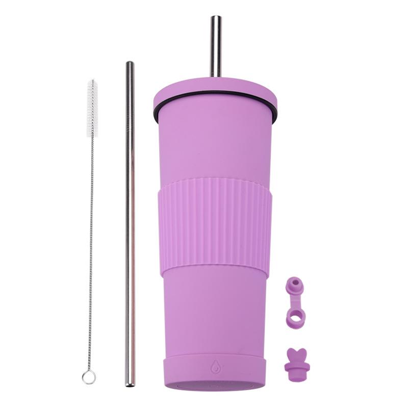 830Ml Stainless Steel Straw Cup Large Capacity Non-Slip Sleeve Straw Thermos Cup Simple Car Water Cup