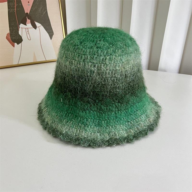 Wool Color Gradual Change Knitted Bucket Hat Women's Autumn and Winter Warm Face Small Ruffle Edge Wool Blend Basin Hat