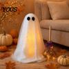 Witch Broomstick with Lights Halloween Ghost Decoration Broom, Spooky Sequins Mesh White Ghost, Cute Photo Prop Adjustable Standing for Party,