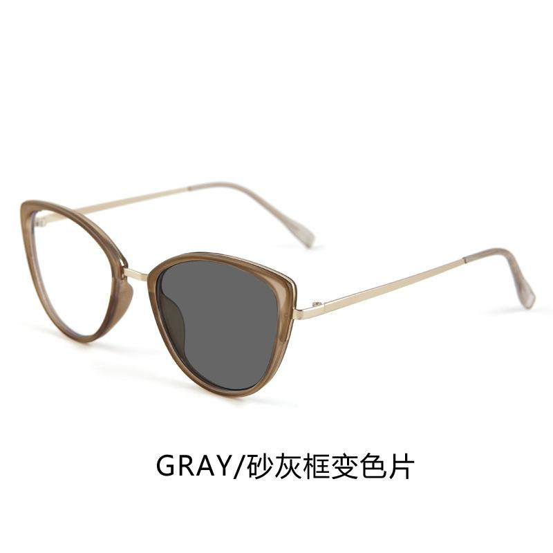 Trendy cat-eye photochromic anti-blue light glasses for women with round faces, making them look slimmer without makeup; also available as plain