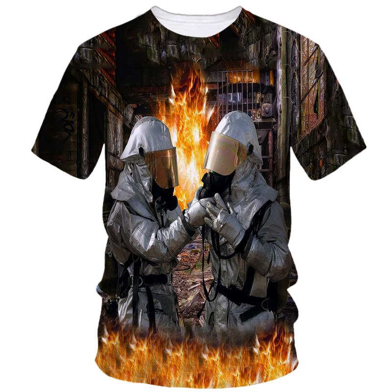 Firefighter Pattern Print Tough Guy Style T-shirts Summer Men's Short Sleeve T-Shirt Street Personality Creative Fashion Loose Casual Top