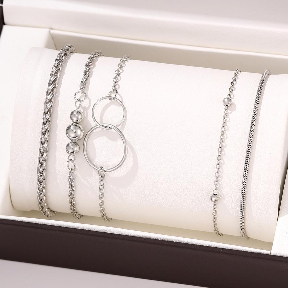 5 Piece Set Women Geometric Chains Metal Beaded Bracelets Interlocking Bracelets Fashionable High-end And Versatile Accessories