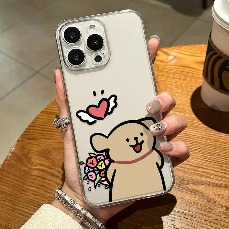 Cute Cartoon Dog Couple with Bouquet Print Phone Case for iPhone 17 16 15 14 13 12 11 16E Series Pro Max Plus