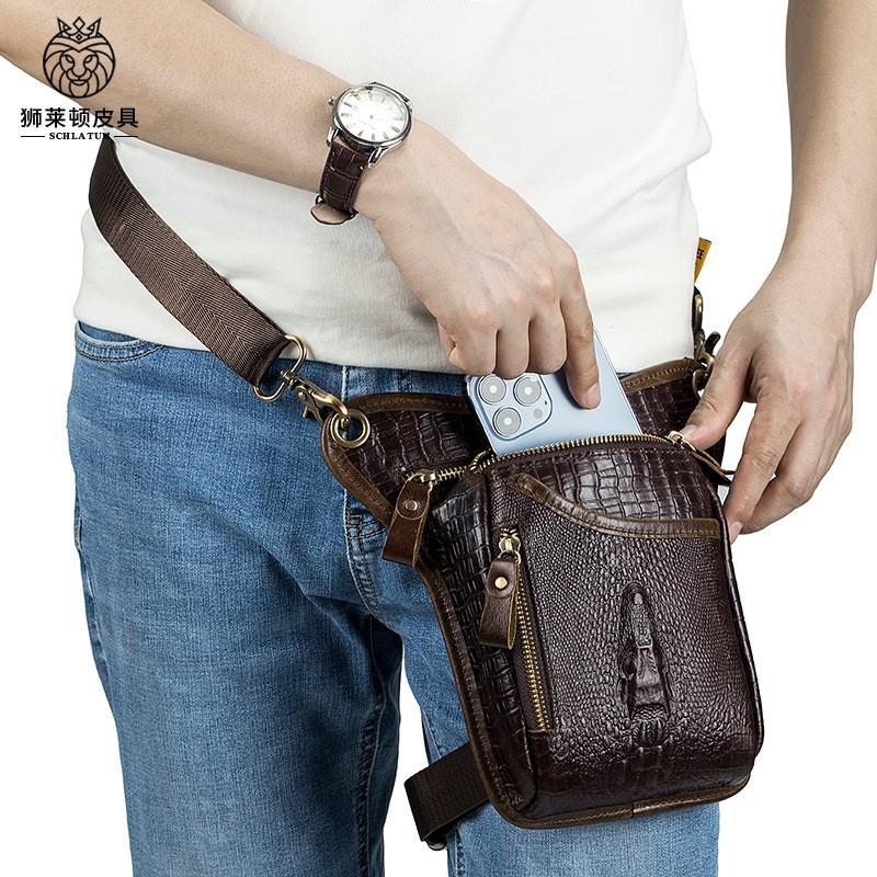 Head Layer Cowhide Men's Motorcycle Leg Bag European American Retro Crocodile Pattern Genuine Leather Riding Waist Hanging