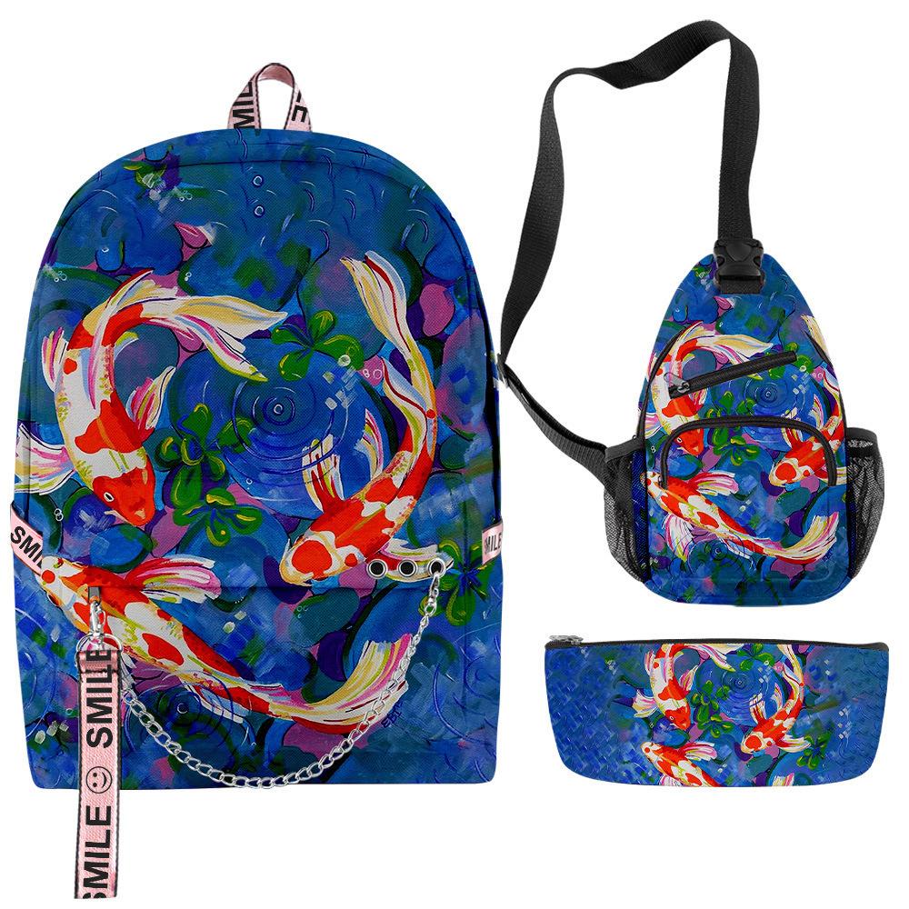 Classico Novità Divertente Cool Carpa Dorata Stampa 3D Set da 3pz Zaini Scolastici multifunzione Zaino da Viaggio Borsa a Petto Astuccio