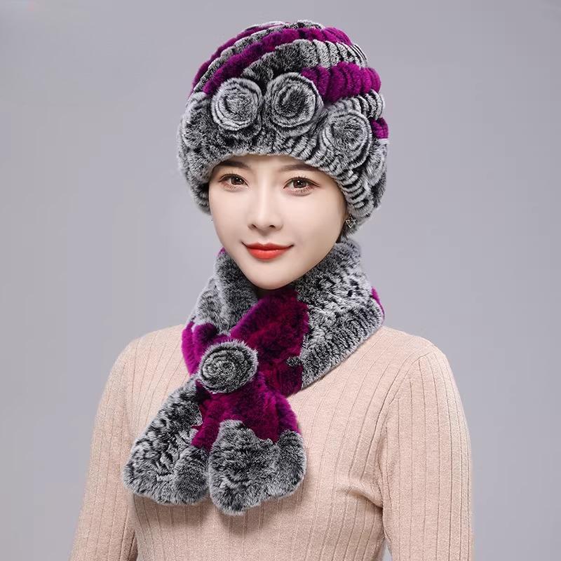 New Rex Rabbit Hair Hat Women's Winter Outdoor Scarf Set Warm Ear Protection Middle-aged and Elderly Fur Fashion