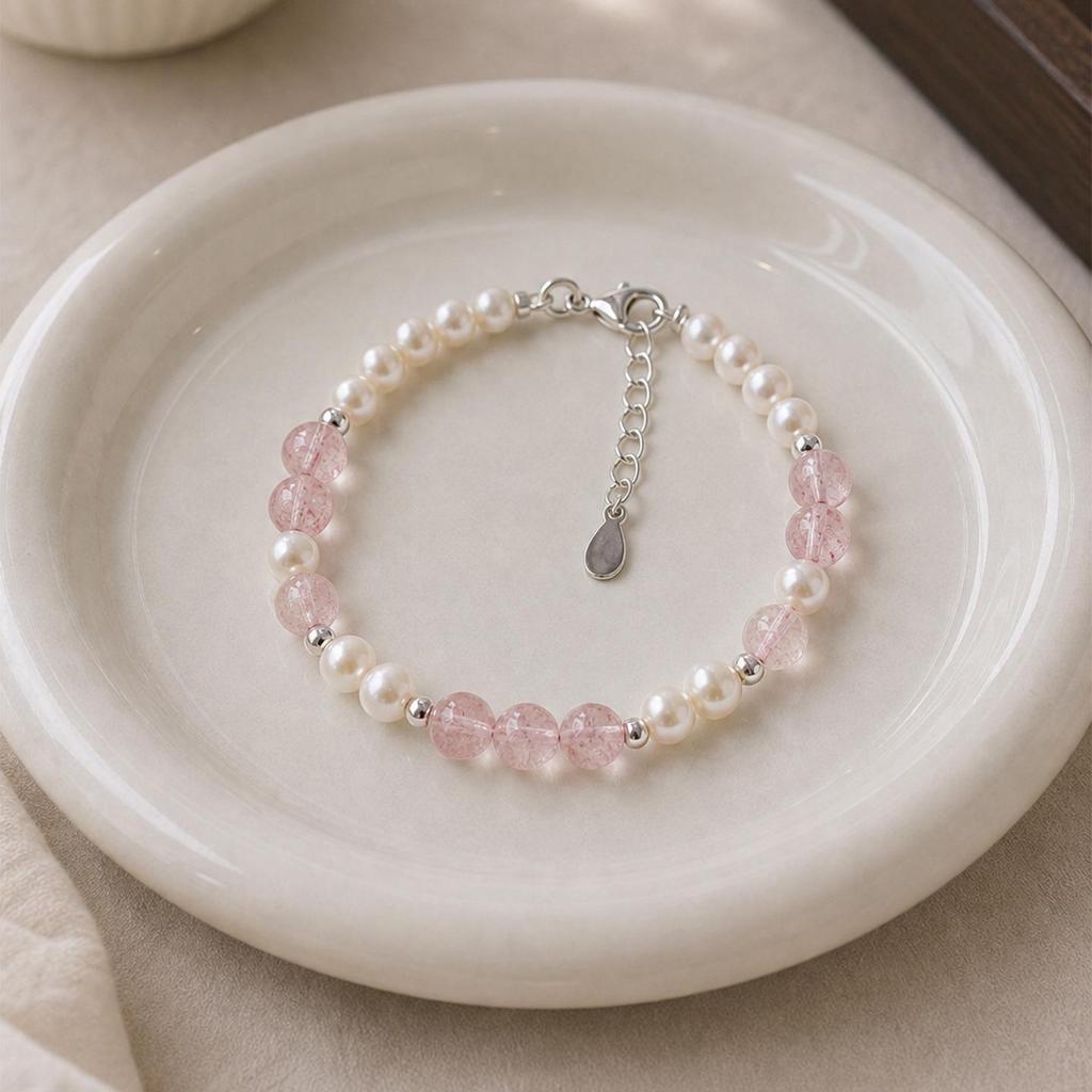 Natural Strawberry Quartz & Pearl Women's Stackable Bracelet - Sweet Fashion Design Gift