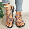 Sandali alla moda da donna bohémien con cinturino intrecciato, motivo floreale, vestibilità elastica, design open-toe, tacco piatto, tomaia e interno in tela, suola in gomma