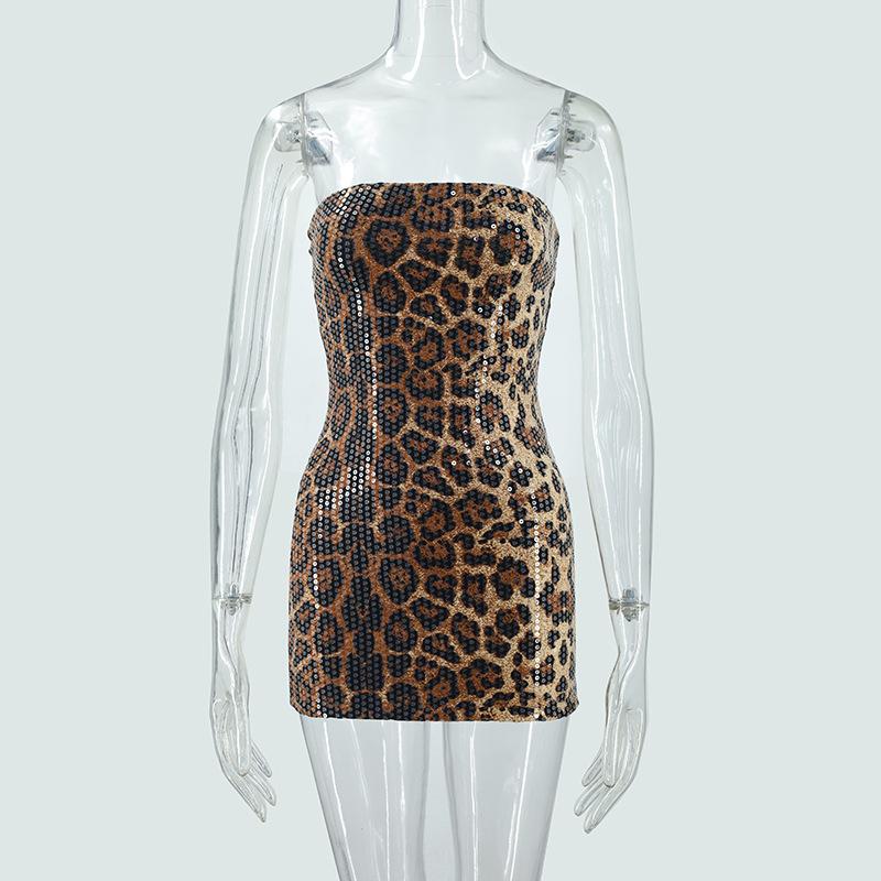 Summer Girl s Sexy Leopard Print Sequin Strapless Fitted Short-sleeved Halter Dress L