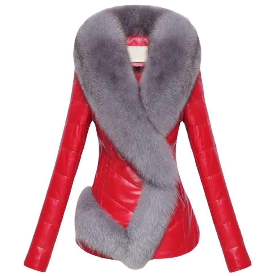 Winter new leather jacket women's thickened warm cotton clothes imitation fox fur collar short slim and thin PU leather jacket