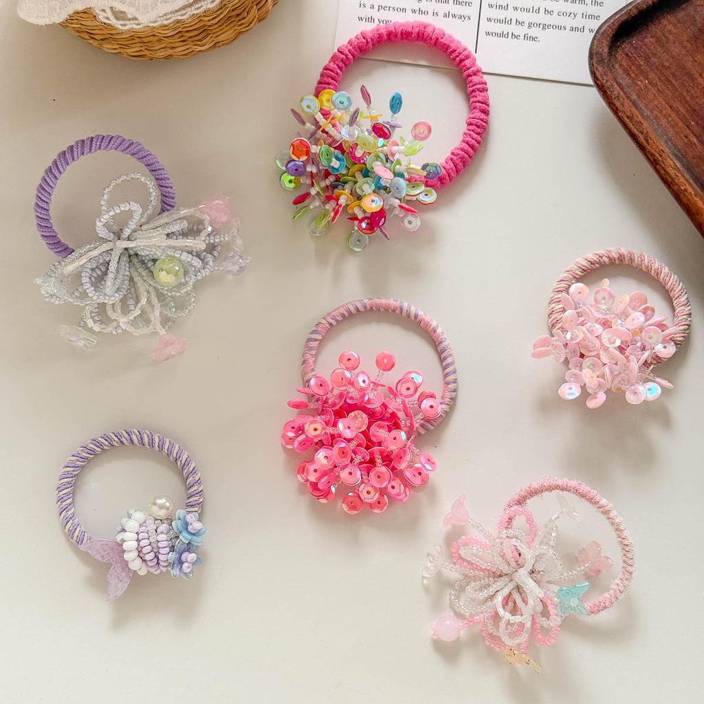 Colorful Beaded Flower Hair Rope Tie Children's Elastic Hair Band Sequins Ponytail Holder Rubber Band Baby Girl Hair Accessories