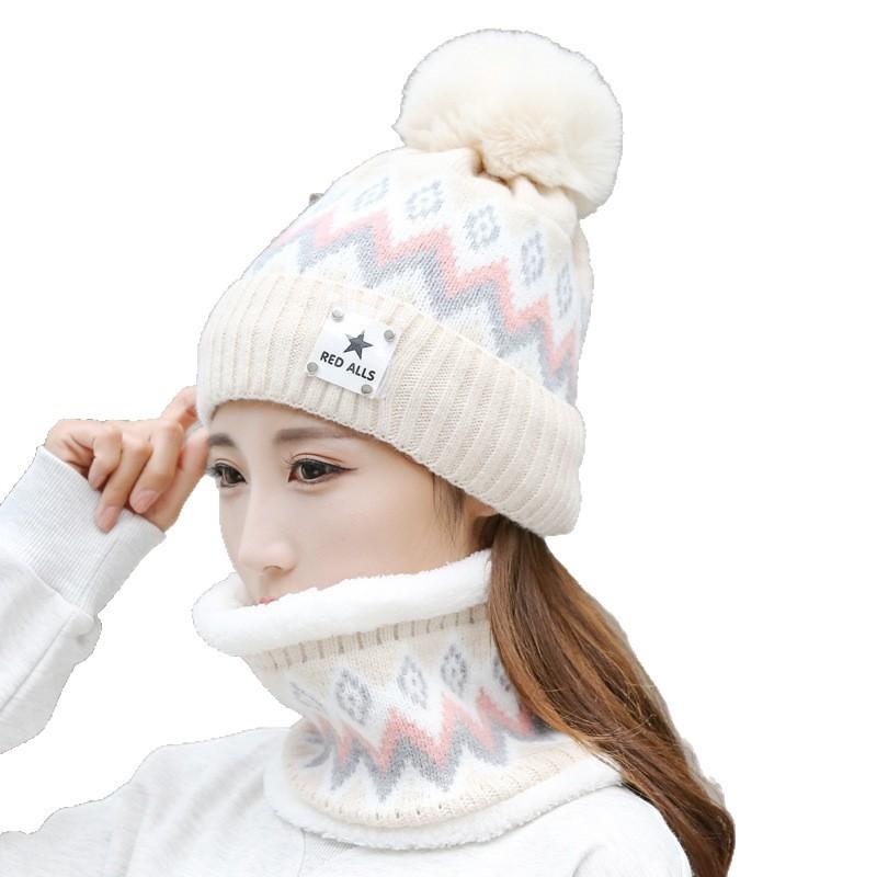 Korean Style Woolen Hat for Women In Autumn and Winter Thickened and Velvet Warm Wool Ball Hood  Neck Scarf Set  New Ear Protection Knitted Hat