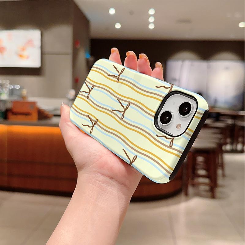 Dainty Pastel Cream Yellow Blue Brown Striped Bow Pattern Art Film Aesthetic Protective Shockproof Bumper Phone Case For iPhone 14 15 16 Pro Max Plus