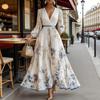 Women's Floral Print Pleated Maxi Dress V Neck Long Sleeve Wedding Guest Dress Spring Flowy Party Cocktail Dress