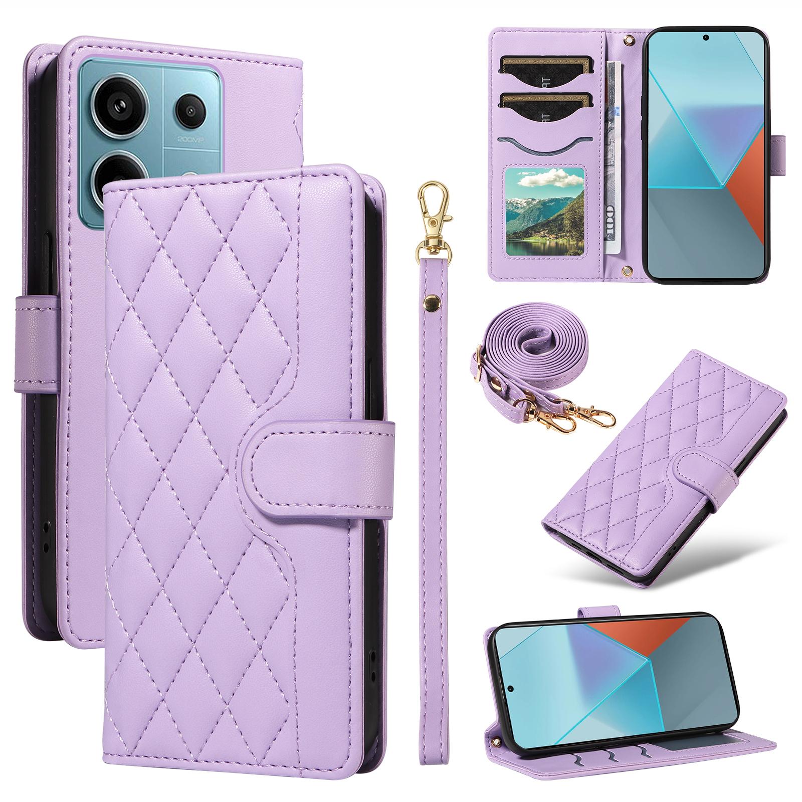 

Для Xiaomi Poco X6 5G/Redmi Note 13 Pro 5G Чехол-кошелек Ромбовидный кожаный чехол для телефона с плечевым ремнем, ремешком на запястье Light Purple