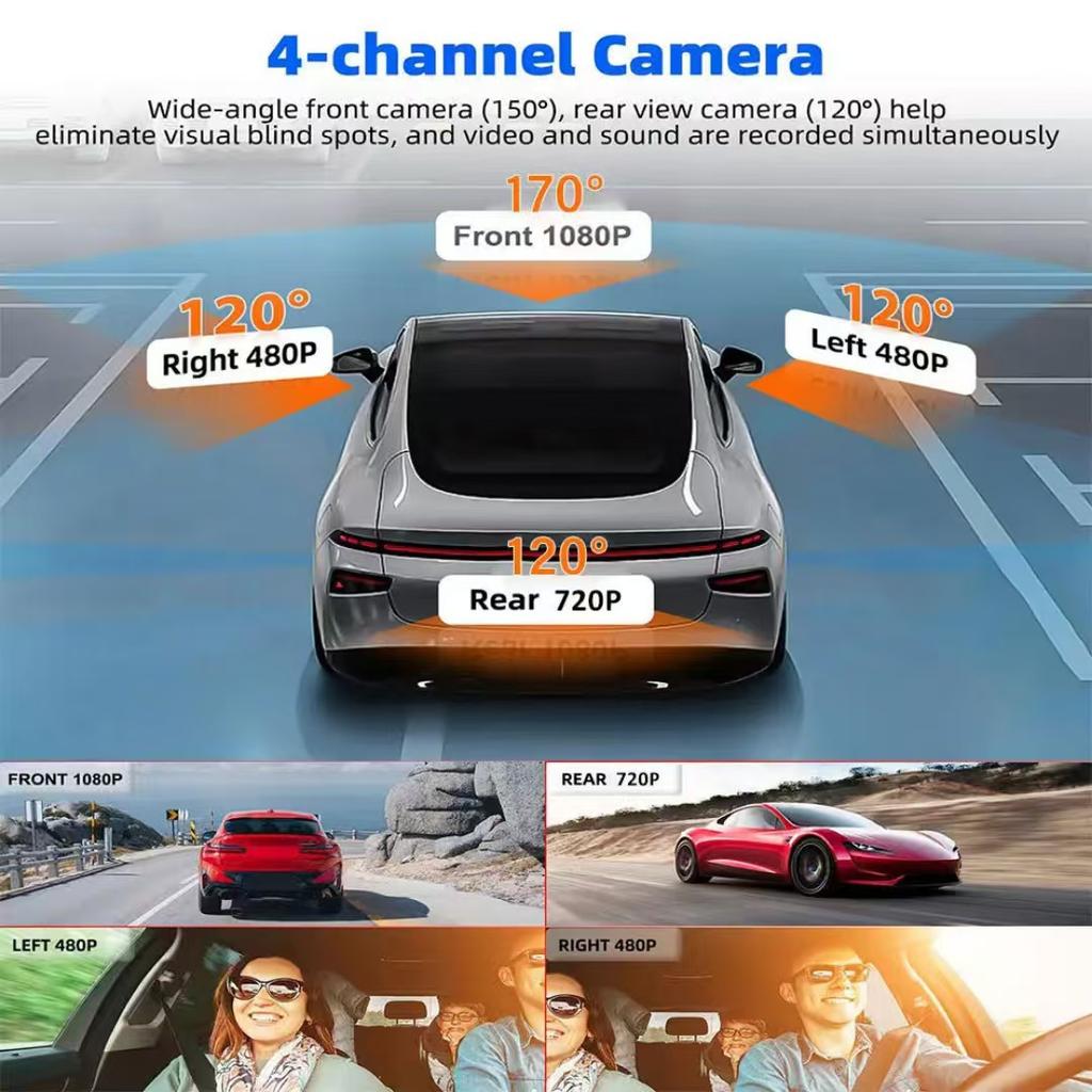 4-Channel Dash Cam, Front, Rear & Inside, 1080P Car Camera, Night Vision, G-Sensor, Driving Video Recorder