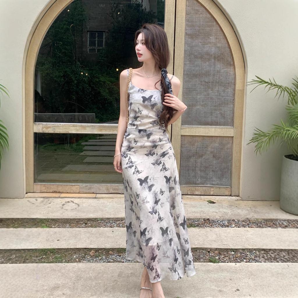 Cold ink butterfly floral suspender dress women, summer new French chic and beautiful temperament dress