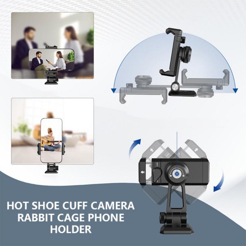 Adjustable Cell Phones Clip Clamp Holder for Photography Built-in Double Cold Shoe Mount Support 360 Degree Rotation