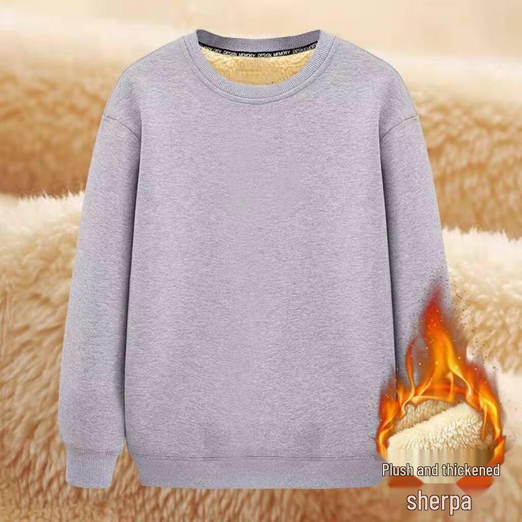 Men's Winter Lambswool Round Neck Hoodie, Thick Warm Solid Color Pullover with Plus Velvet Base Layer.