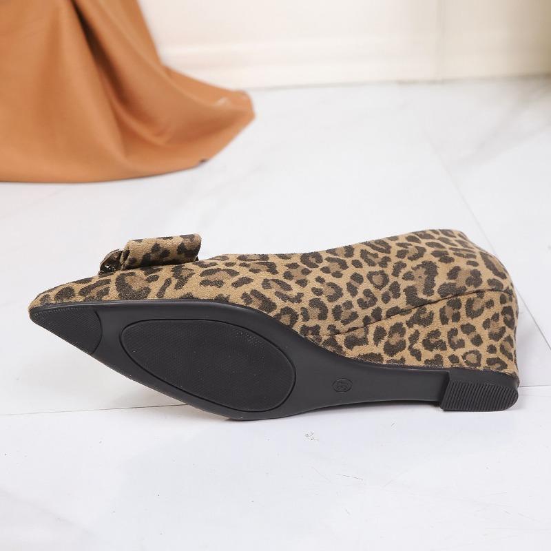Single Shoes Fashion Pointed Toe Shallow Rhinestone Button Slip-On Leopard Print Wedge Heels