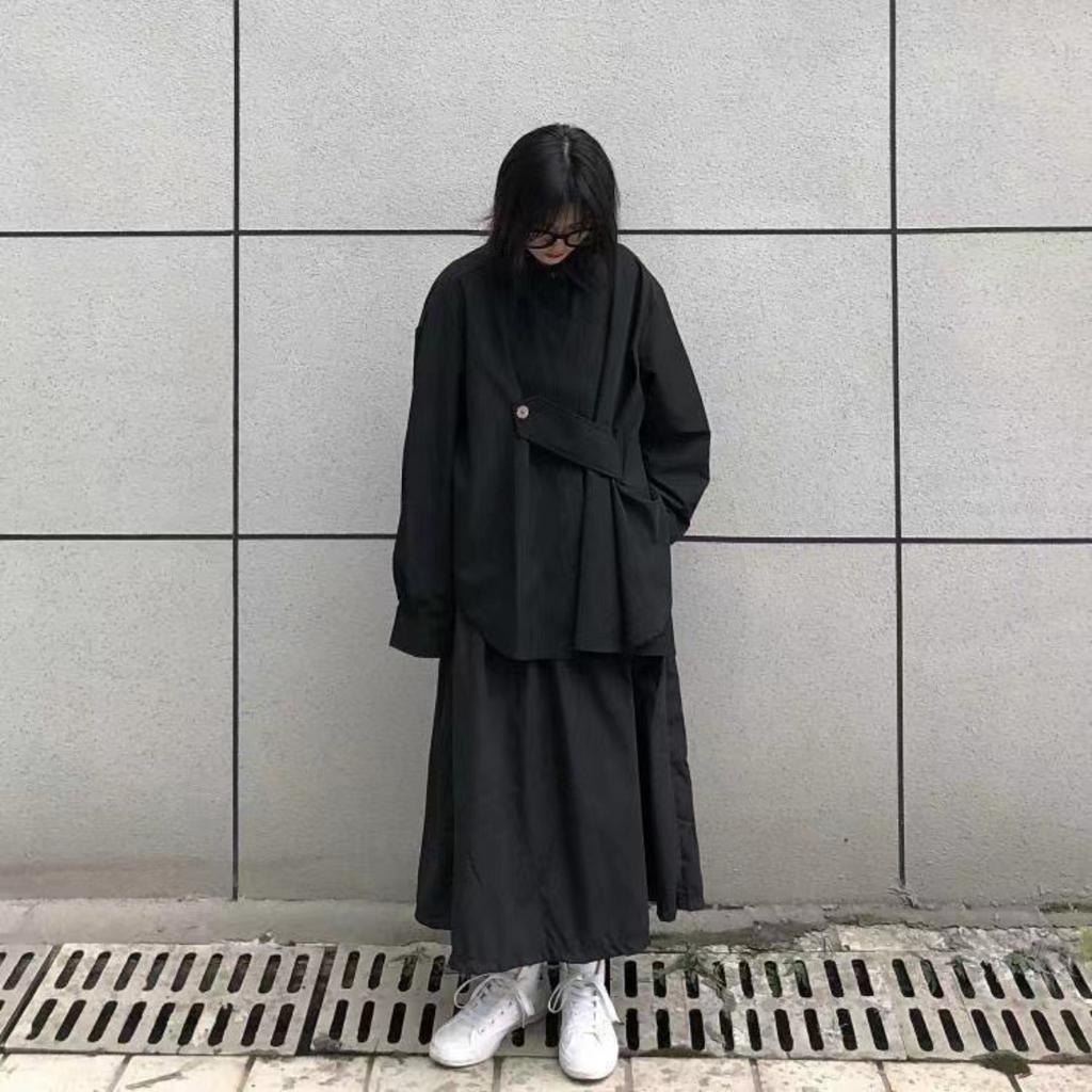 Yohji Yamamoto Dark Style Irregular Shirt for Women, Loose Long Sleeve Shirt with Turn-down Collar, Trendy Unisex Top