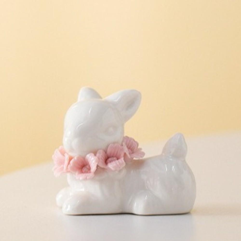 Cute Ceramic Bunny Figurines Mini Flower Design Bunny Statue Desk Ornament Garden Yard