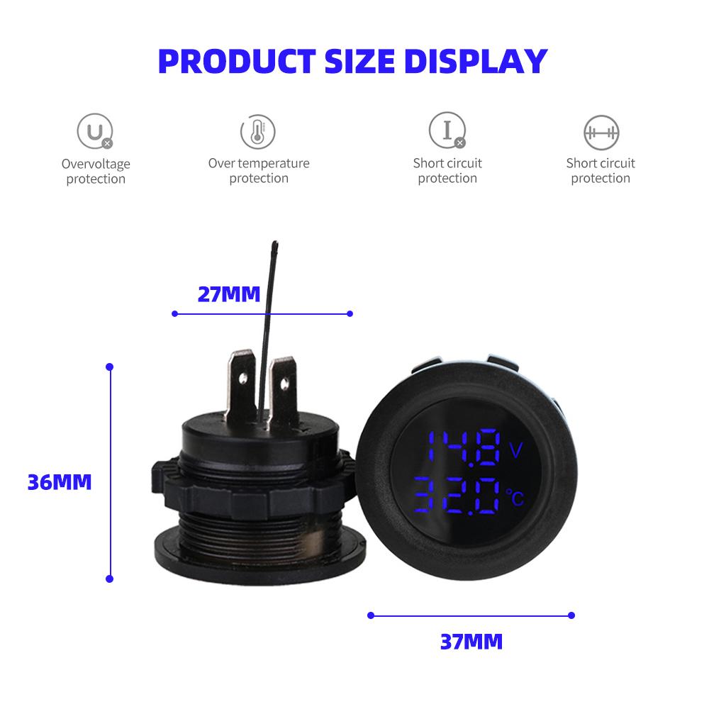 Kebidumei Car Round Temperature Voltmeter 12-24V Auto Voltage Meter Display Digital Measurement Car Motorcycle Boat Thermometer