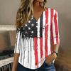 Women 3/4 Sleeve V Neck Henley Pullover Shirt American Flag Print Casual Fashion Top