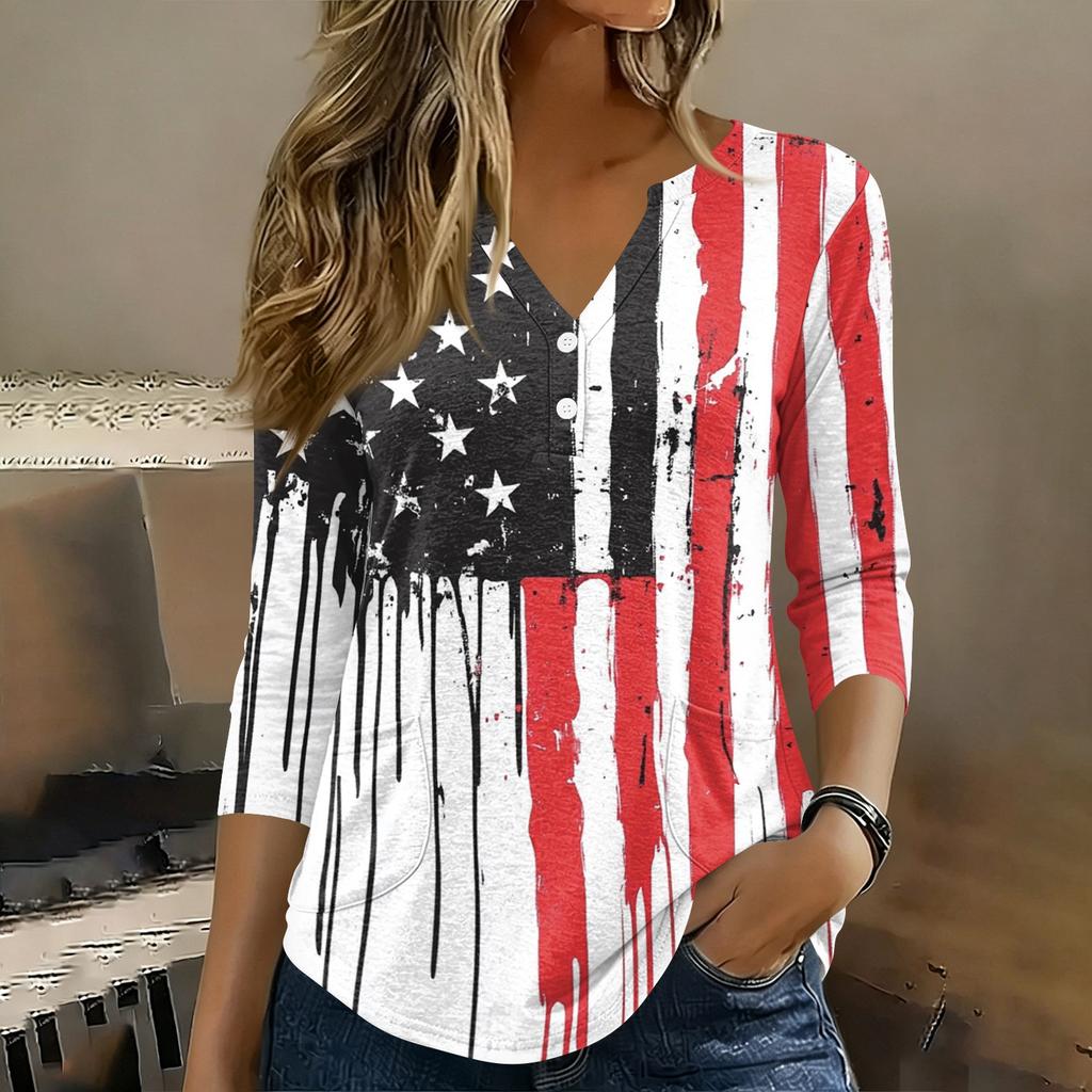 Women 3/4 Sleeve V Neck Henley Pullover Shirt American Flag Print Casual Fashion Top