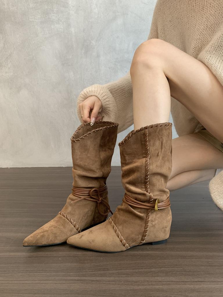 Inner Heightening Pointed Retro Babes Short Boots Women's Shoes 2025 Autumn and Winter Single Boots Brown Maillard Western Cowboy Boots