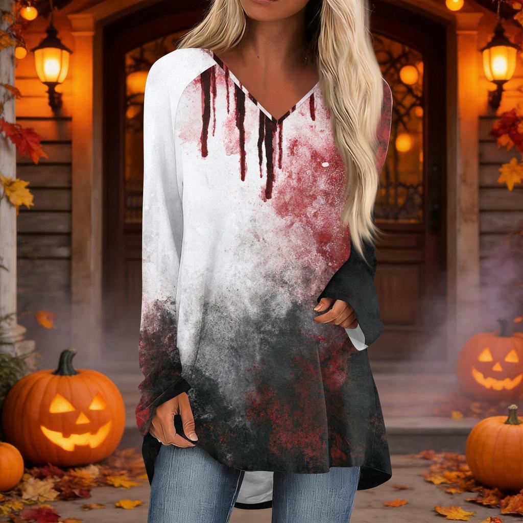 Women's Casual Long Sleeve V-Neck Print Tunic Top for Fall