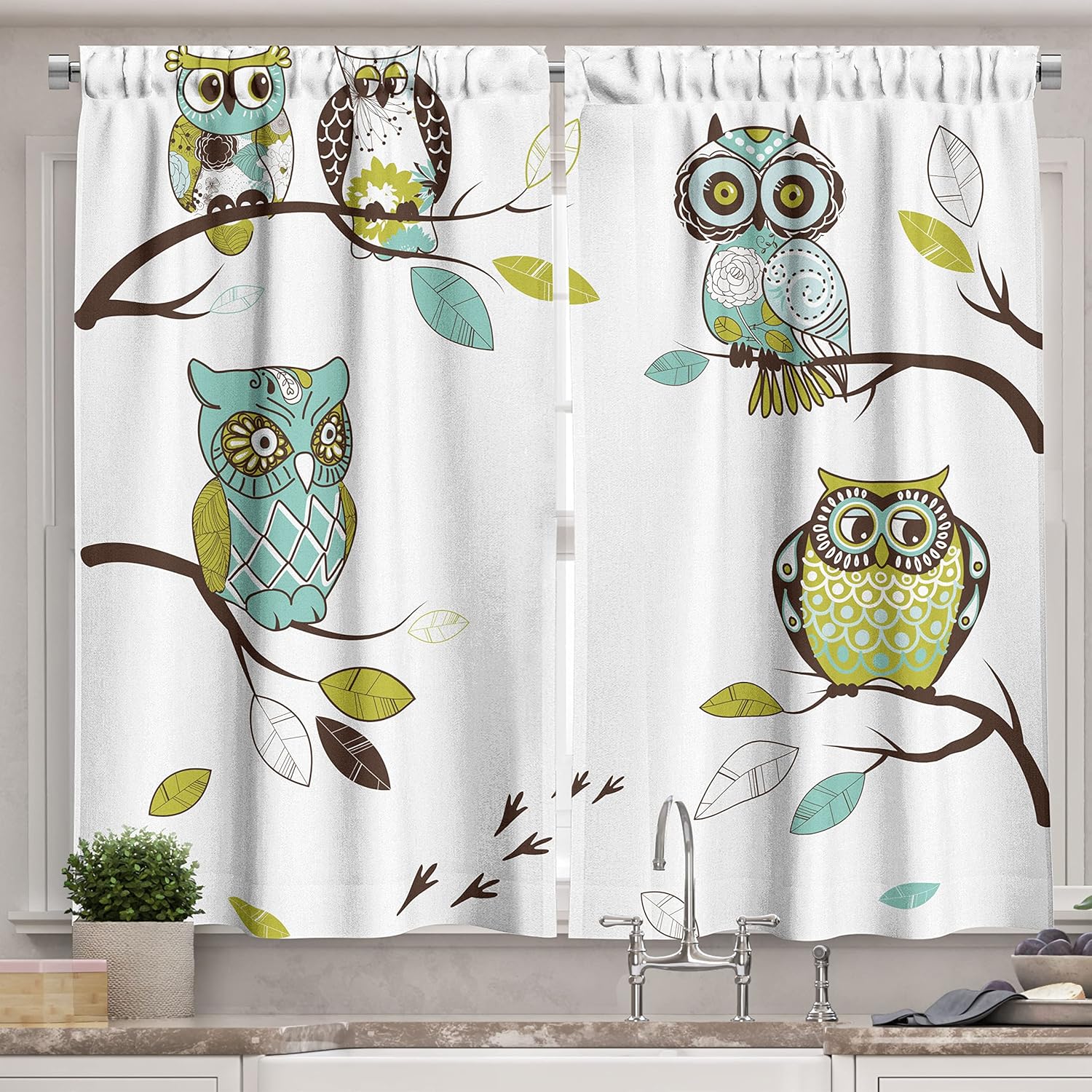 

Lunarable Owl Kitchen Curtains Birds Woodlands Perching Tree Branches Animals Swirls Flower Designs Window Drap Curtain Polyester Washable Ready W100*H70(CM)-Hooks&1PCS