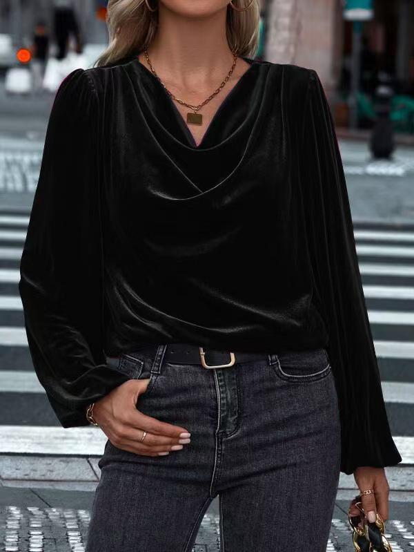 Autumn/Winter Women's Golden Velvet High Neck Puff Sleeve Top
