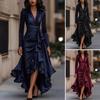 Women's Satin V Neck Ruffle Long Sleeve Dress Tie Waist Split A-Line Wrap Dress