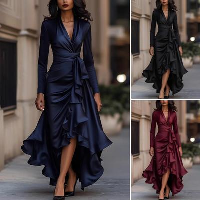 Robe Satinée à Col V et Manches Longues à Volants, Taille Nouée, Fente, Coupe A, Portefeuille, Formelle, Cocktail, Mariage, Invitée