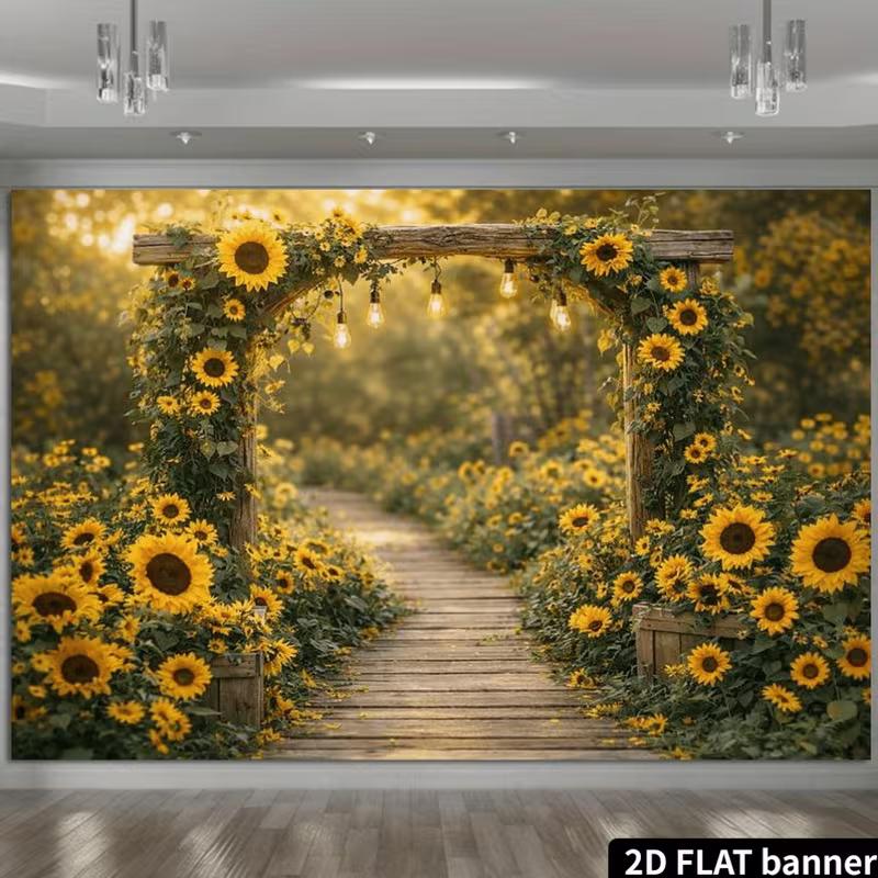 2D Rustic Garden Backdrop Sunflower Arch with Lights Portrait Studio Background