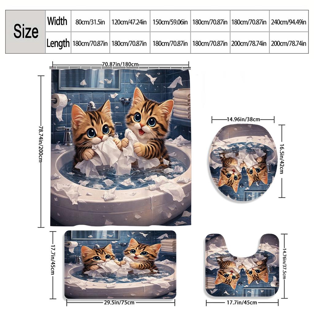 4Pcs Adorable Kittens Shower Curtain Set with Non-Slip Bath Mat, Toilet Lid Cover, Contour Rug & 12 Hooks, Bathroom Decor