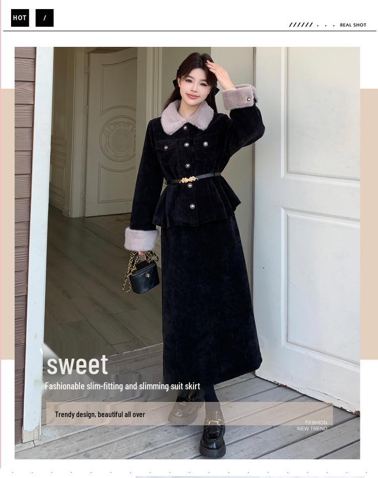 2025 Winter Women's Plus Size Slimming Fur Collar Jacket & Belted Skirt Set